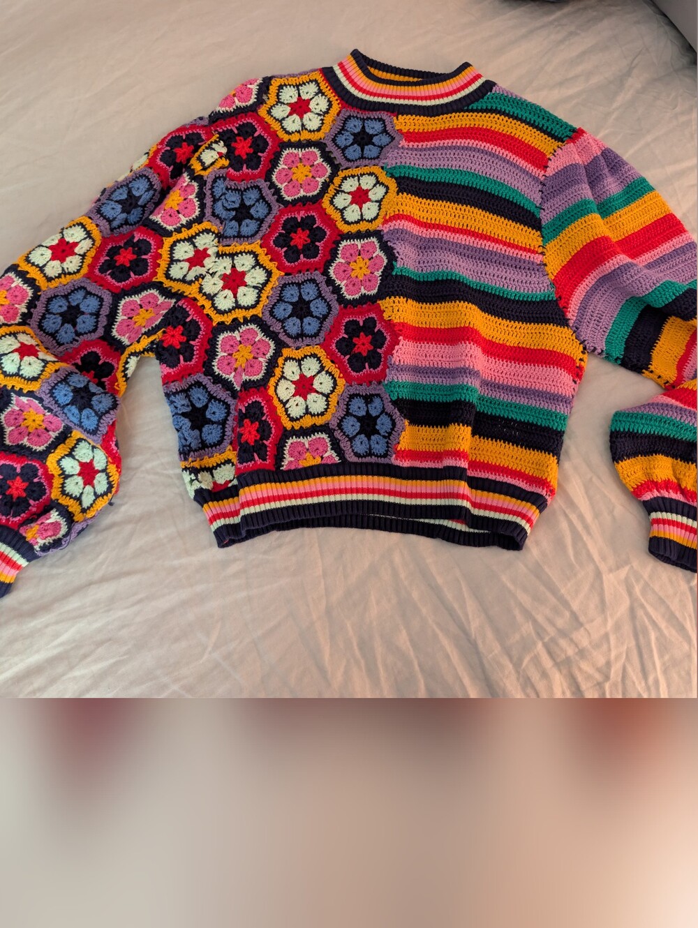 ​NWT Farm Rio Flower Stripe Crochet Sweater Mixed Media Balloon Sleeve XS